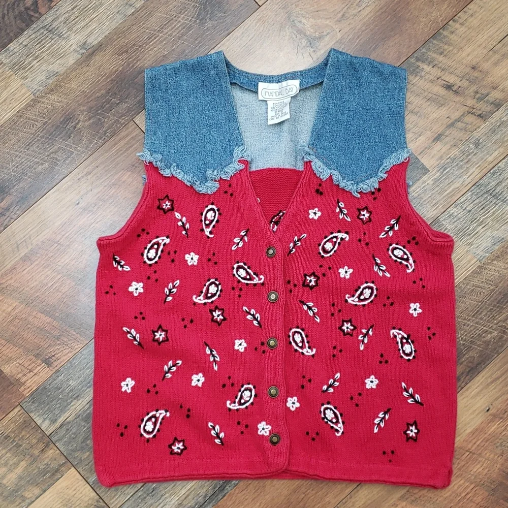 Vintage Mandal Bay Blue and Red Western Knit Vest, Size Small